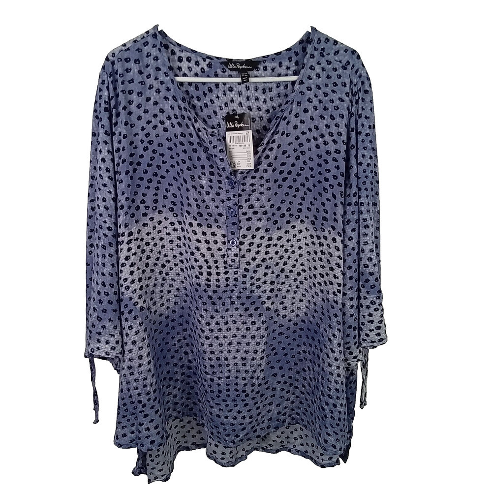 Ulla Popken Tunic Top Women's Size 24/26 Blue 3/4 Sleeve Split Neck Flowy Boho